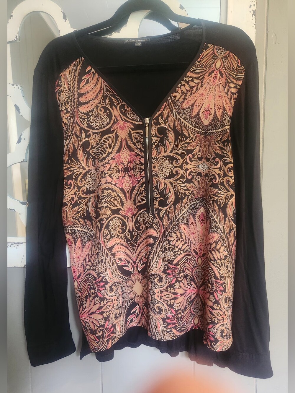 Adrianna Pappell  Black Long-Sleeve Zip V-Neck Top with Pink Floral Print